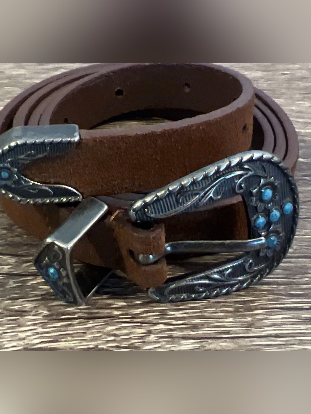 American Eagle Skinny Brown Suede Leather Belt with Silver & Turquoise Sz XS/S